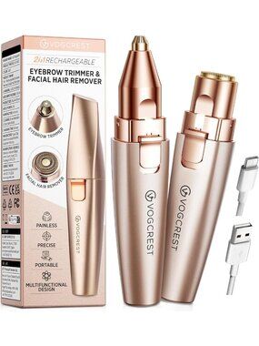 2-in-1 Rechargeable Eyebrow & Facial Hair Trimmer with LED Light - Rose Gold